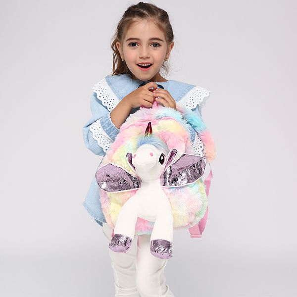 

baby girl unicorn fur backpack cute children zipper schoolbag mini kid toy doll backpack for kidergarten new girl plush doll bag