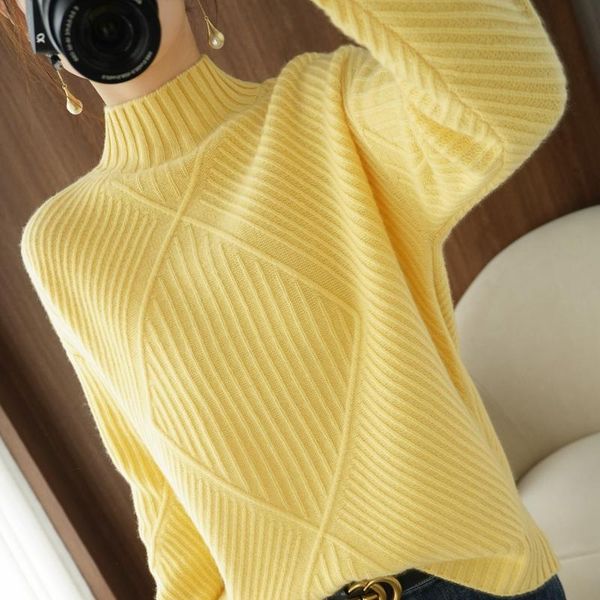 

2021 autumn and winter new half high nneck women's 100% pure wool sweater loose thick knit bottoming pullover ing, White;black