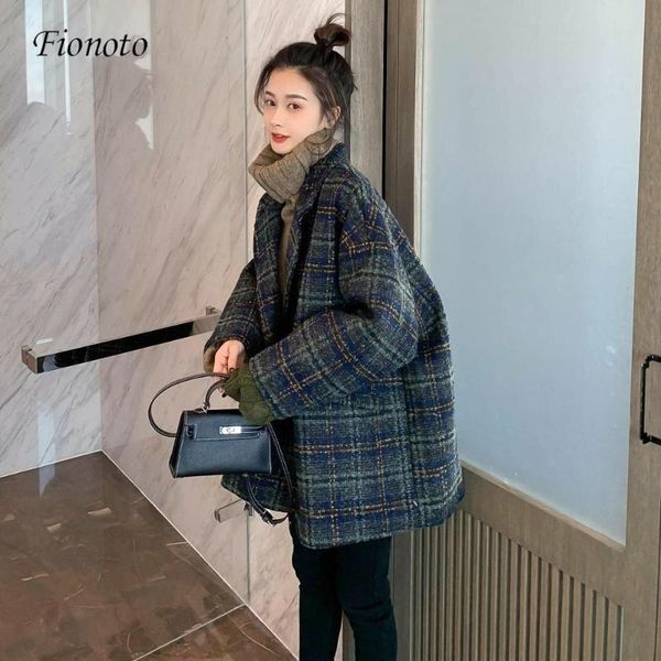 

fionoto winter korean overcoat women 2021 vintage woolen loose coats female fashion double breasted turn-down collar overcoat, Black