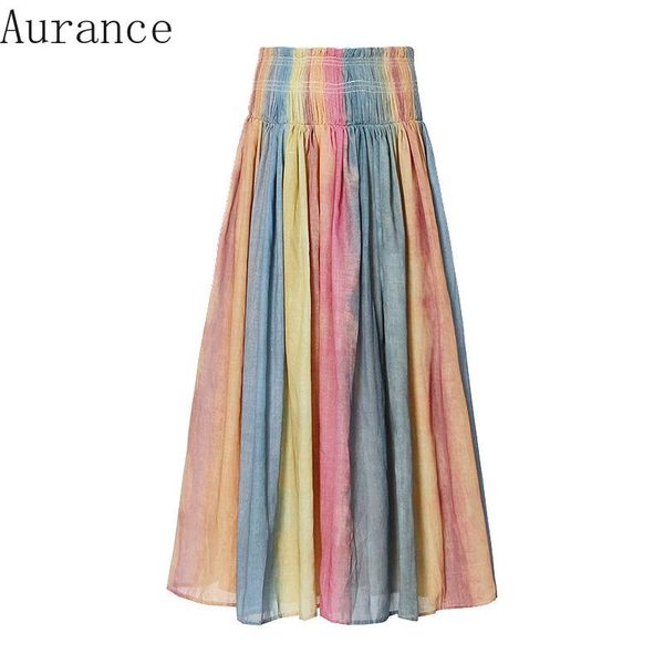 

skirts [aurance] women patchwork hit color retro rainbow maxi skirt elastic waisted long high waist loose pleated 2021, Black