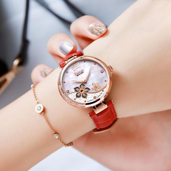 

wristwatches nesun watch women's fashion hollowed-out dicksoniaceae face luminous waterproof automatic mechanical, Slivery;brown