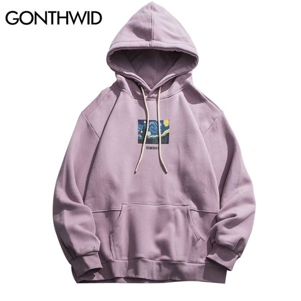 

gonthwid van gogh starry night print fleece hoodies sweatshirts streetwear men hip hop pullover hooded male harajuku jumper 220307, Black