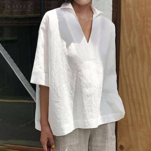 

zanzea 2021 fashion women and blouses ladies casual solid shirts loose v neck blusas cotton chemiser mujer plus size, White