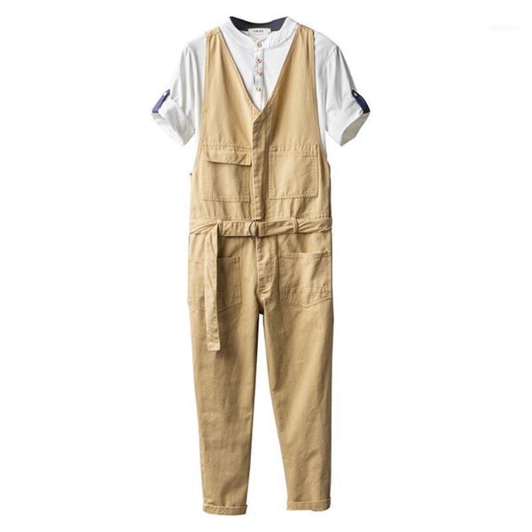 

men's casual pockets sleevelss overalls with belt vintage classic jumpsuits cargo coveralls khaki black1, Blue