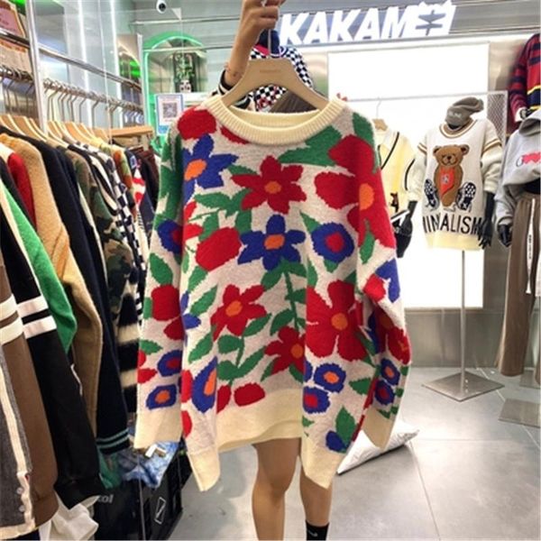 

women's sweaters sweater korean floral long sleeve loose knit female 2021 winter, White;black