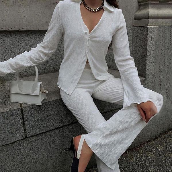 

women's two piece pants set wide leg office lady outfits women formal blazers elegant jacket tweed suit flare trouser pantsuit 2 pcs, White