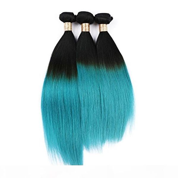 

brazilian teal green ombre virgin human hair weaves silky straight #1b green dark root ombre virgin human hair bundles deals 3pcs, Black;brown