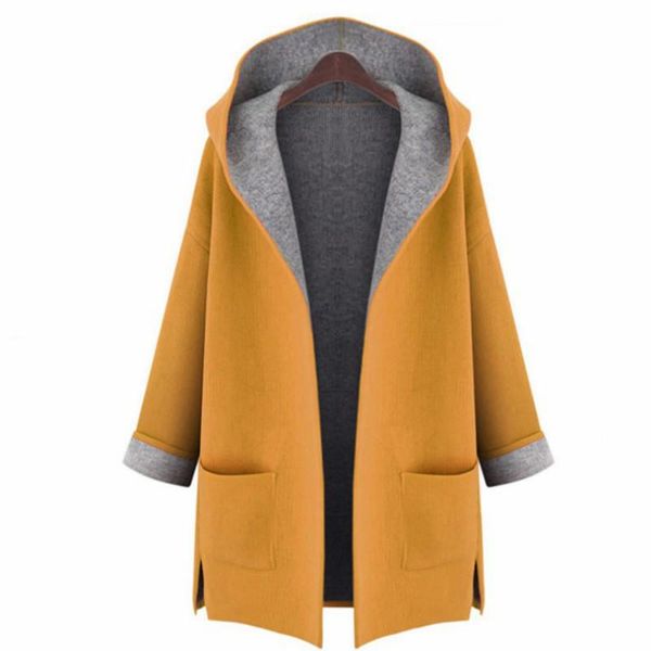 

women's trench coats 2021 autumn hooded loose woolen blending cardigan jacket long section long-sleeved, Tan;black