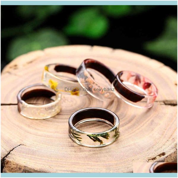 

cluster rings jewelryhandmade wood resin ring fashion flowers plants inside jewelry landscape transparent romantic anniversary drop delivery, Golden;silver