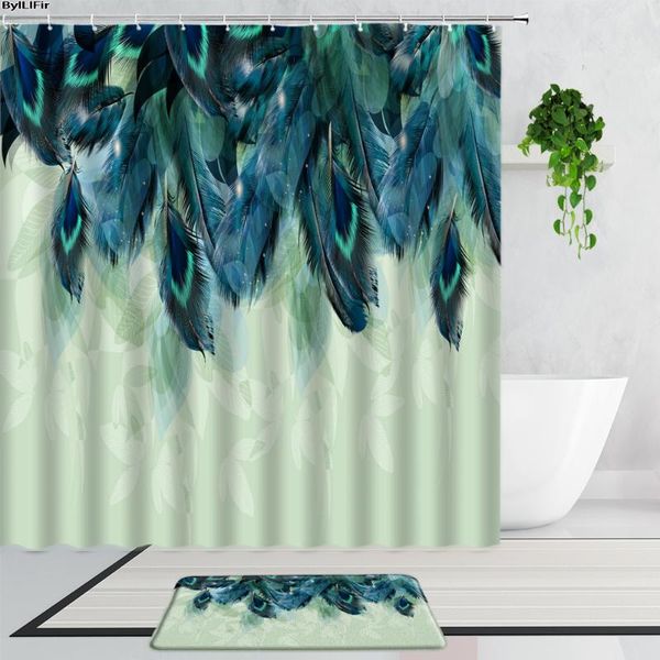 

shower curtains 3d blue peacocks feather bathroom nordic creative home decor background bathtub screen non-slip bath mats carpet