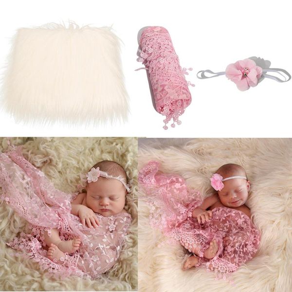 

blankets 3pcs baby po props fluffy blanket + wrap headband set born pography mat