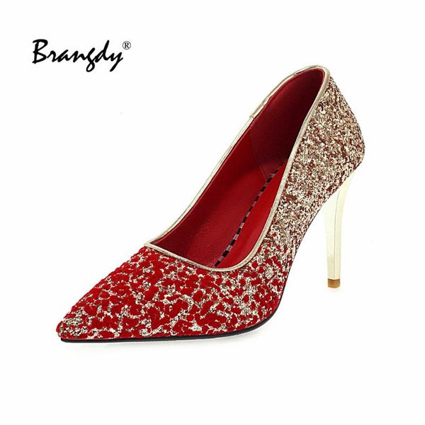 

dress shoes brangdy high heels glitter pumps size 43 sparkling bridal women golden chunky pointed toe gold wedding, Black