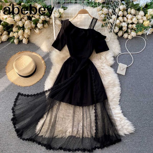 

irregular design shoulder strapless dress women high waist hip a line long vestidos mesh patch short sleeve robe 210715, Black;gray