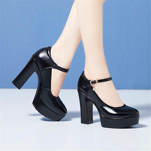 

dress shoes mxhy 6-9-12cm high heels platform pumps mujer 2021 fashion buckle ankle strap mom genuine leather ladies catwalk, Black