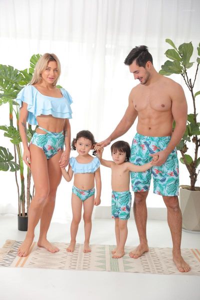 

summer family matching swimwear men women kids boys girls feather print bikini beachwear bathing beach soft swimsuits, Blue