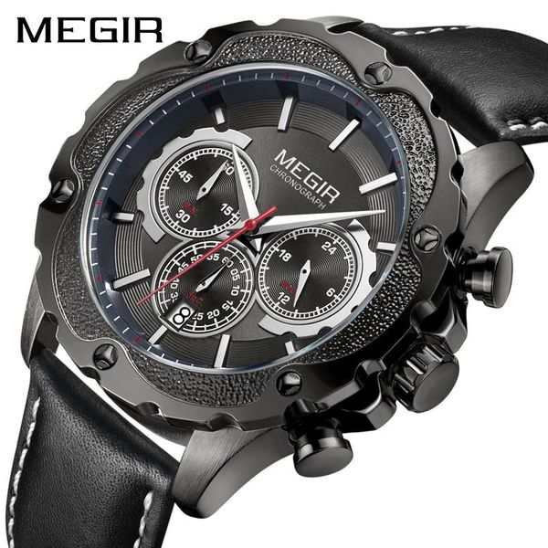 

wristwatches megir mens military sports watches male analog date quartz watch men casual leather wrist relogio masculino, Slivery;brown