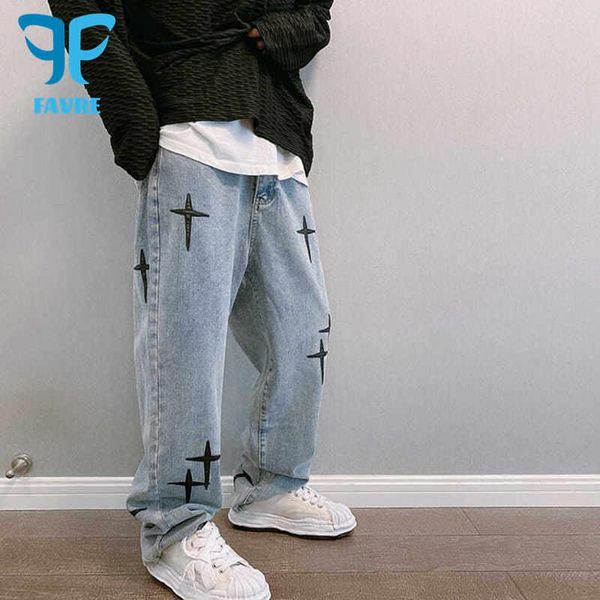 

men's jeans favre patchwork wide leg high street cross star patch embroidery loose straight autumn men long trousers, Blue