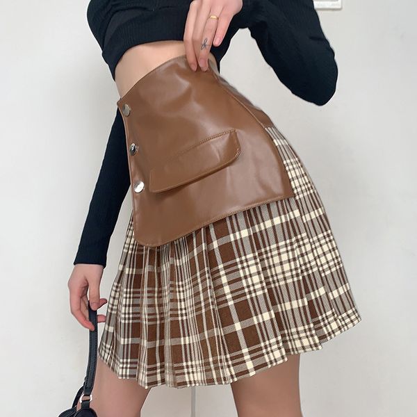 

preppy style brown plaid patchwork mini skirt for women 2021 streetwear korean style high waisted y2k pleated skirt, Black