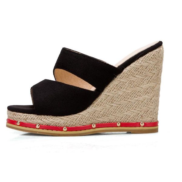 

slippers summer women fashion mules mesh pure color red brown blue wedges platform consice size 34-48, Black