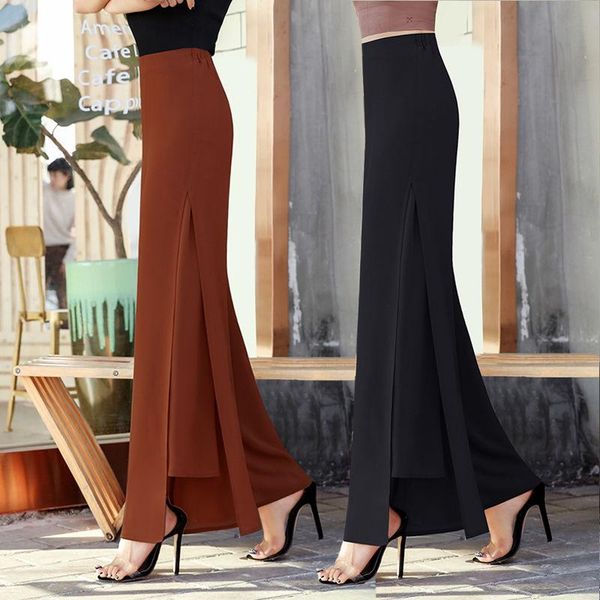 

women's pants & capris 2021 women spring summer causal chiffon ice-silk high elastic waist thin female elegant loose wide leg trousers, Black;white