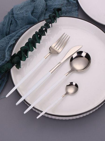 

dinnerware sets silver steel cutlery set knives kitchen black stainless tableware forks spoons 4pcs drop