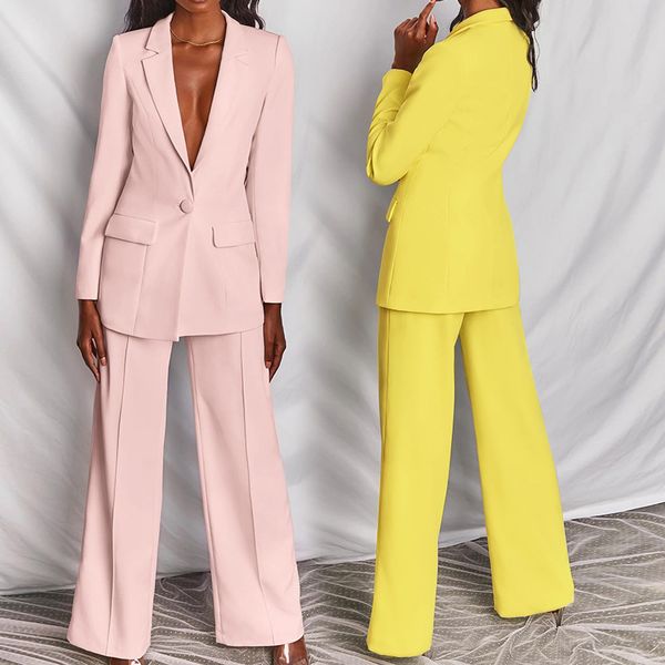 

two-pieces women blazer suit elegant woman jacket and trousers female blazer pink yellow chic women outfit office ladies, Gray