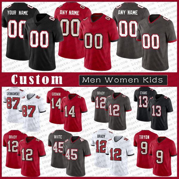 

12 tom brady 87 rob gronkowski mike evans bucs custom football jerseys chris godwin antonio brown lavonte david kyle trask devin white jason, Black;red