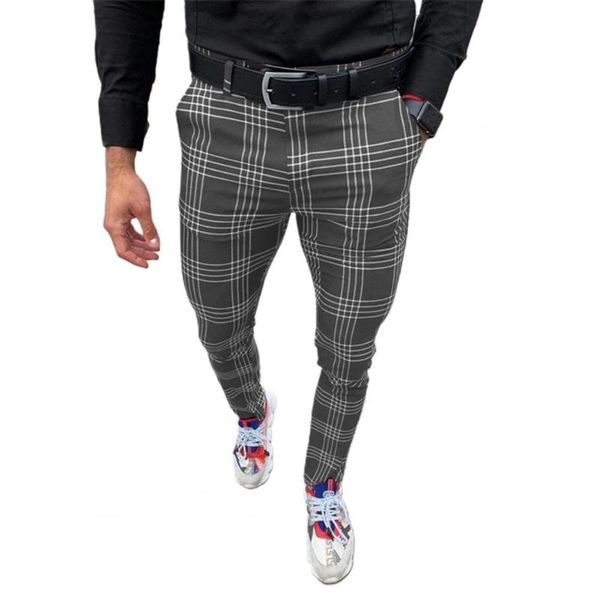 

men's pants autumn/winter plaid men casual business button slim fit trousers mid rise pockets pencil streetwear, Black