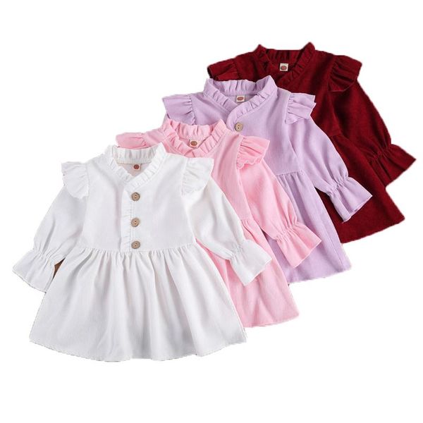 

girl's dresses 0-6 years girls reffle solid color v-neck sleeves button open front corduroy one-piece spring casual outfits, Red;yellow