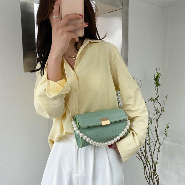 

evening bags vintage women pure color alligator pattern pu leather shoulder crossbody bag casual ladies chain small pearl purses and handbag