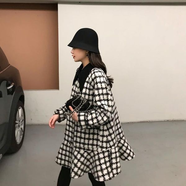 

women's wool & blends dalu small man pointed collar plaid ruffle red tweed coat double-sided female 2021 fashion, Black