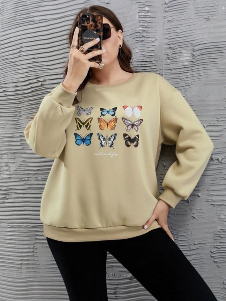

plus letter and butterfly print drop shoulder sweatshirt p8n5#, Black