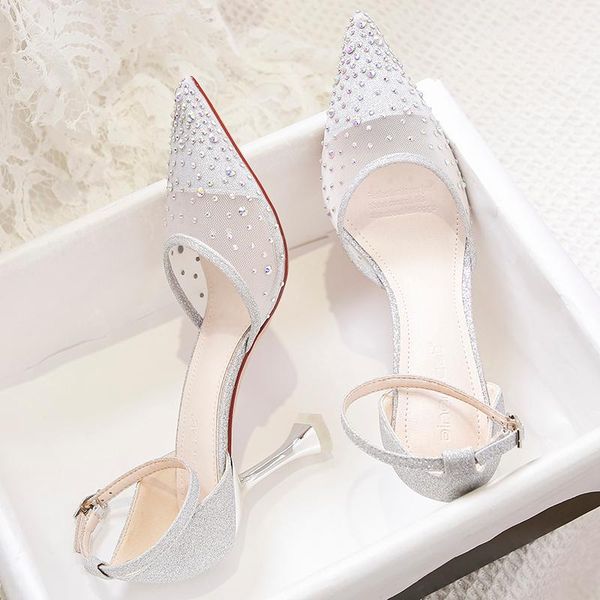 

2021 spring new mesh breathable pointed toe buckle baotou rhinestone sandals wine glass high heels banquet dress women's shoes, Black