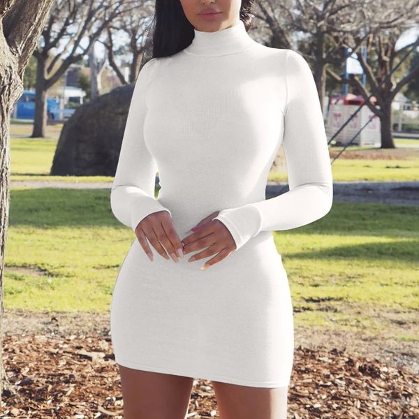 

new 2021 women fashion solid turtleneck bodycon autumn winter long sleeve slim bandage shirt mini g7ht, Black;gray