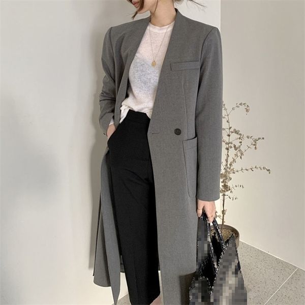 

[ewq] temperament fashion solid color blazer women's autumn casual v-neck loose long sleeve split suit coat 5e2934 211122, White;black