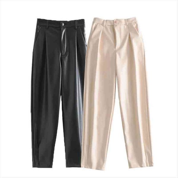 

za womens pu pant harem high waist trousers faux leather beige ladies pockets pant woman solid elegant winter warm trouser, Black;white