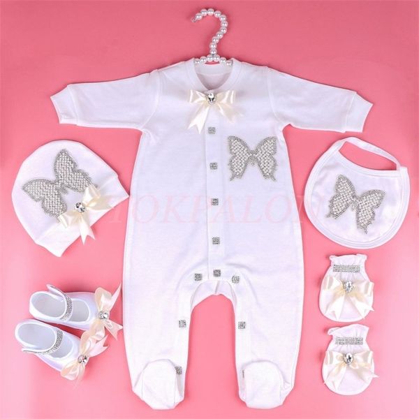 Neugeborenes Baby Kleidung Set 0-3 Monate Baby Mädchen Jungen Kleidung Perle Schmetterling Overall Strass Schleife Pyjamas Outfit Geschenk Neu 210309