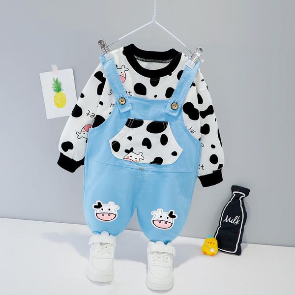 

clothing sets cartoon baby girl boy overall clothes set 2021 spring 1 2 3 4 years children toddler outfit cow print t shirt + bib, White