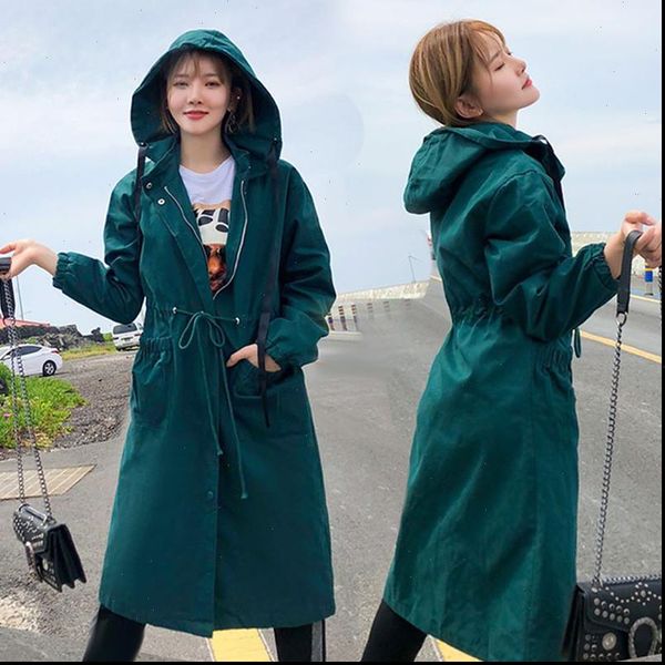 

2021 new spring autumn long trench coat women long sleeve hooded outerwear korean loose tooling bf female windbreaker g38, Tan;black