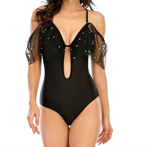 

one-piece suits style bikini pure color dark v net gauze flounce swimsuit female
