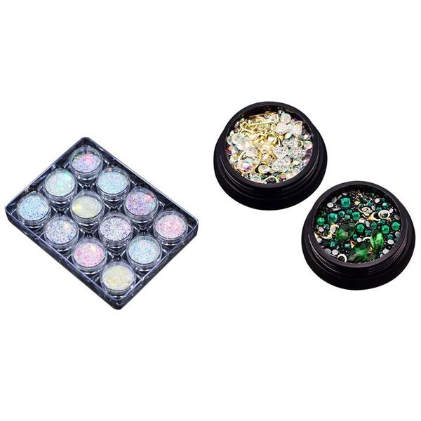 

nail glitter 2 box 3d jewelry colorful mixed acrylic tip diamond flat jewel stone & 1x powder pigment set, Silver;gold