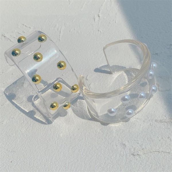 

bangle design fashion transparent geometric resin gold color imitation pearl bead acrylic open for women girls jewelry gifts, Black