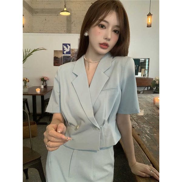 

blazer & suits skirt suits summer thin blue short sleeve blazers coat a line high waist skirts temperament fashion chic ol 210610, White