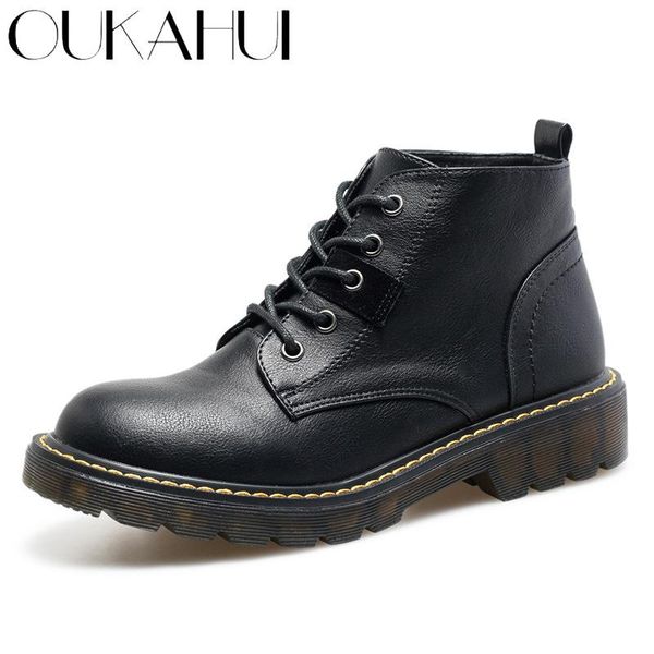 

boots oukahui 2021 british style ankle women genuine leather low heel 3.5cm spring lace up black flat winter