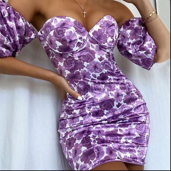 

short puff sleeve off shoulder dress women print mini night club party dress backless bodycon summer dresses 2021, Black;gray