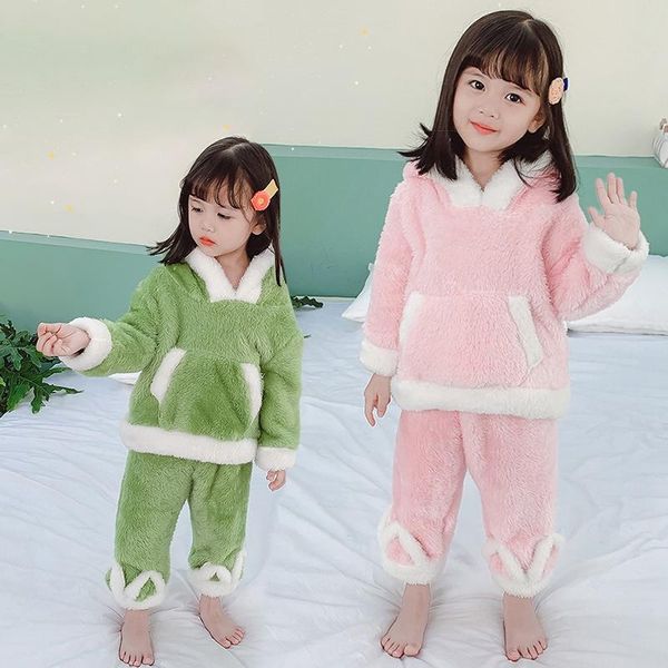 

pajamas 2pcs/set children sets cartoon hooded flannel pyjamas kids girls winter coral fleece sleepwear kid plush home clothes, Blue;red
