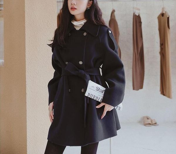 

fashion wool coat women long sleeve collar outwear jacket belt wool casual autumn winter elegant overcoat plus size black 76y