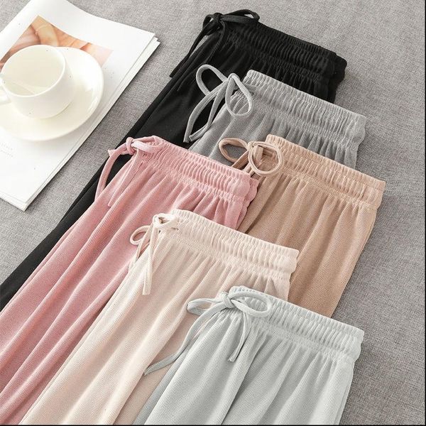

ice silk wide leg long pants women korean high waist straight pants casual loose office lady summer new trousers plus size slim, Black;white