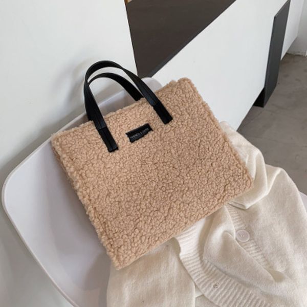 

soft wool women large capacity tote bags winter fur fine strap shoulder handbags solid plush classic designer purses clutch sac c0228