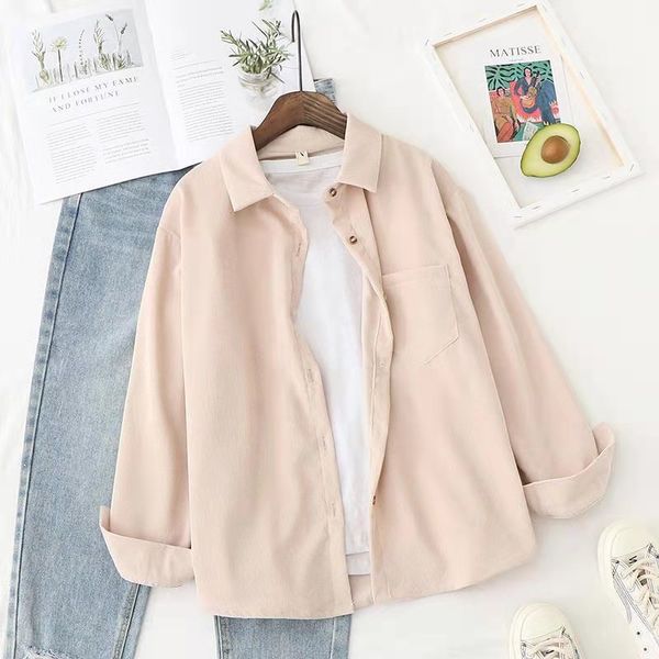 

2021 spring fashion womens blouse thick corduroy fabric single breasted shirt for women loose oversize solid blouse femme fall, White
